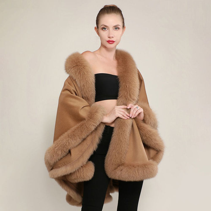 Women’s Oversized Cashmere Poncho Cape with Real Fox Fur Trim