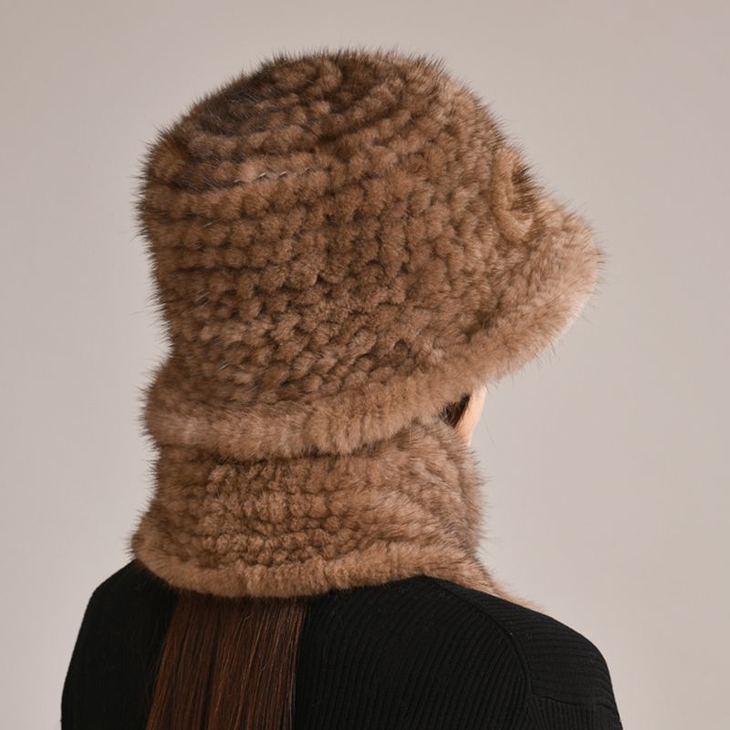 Luxury Mink Fur Hat and Scarf Set for Women Elegant Winter Bucket Hat with Matching Fur Neck Pom-Pom Warmer