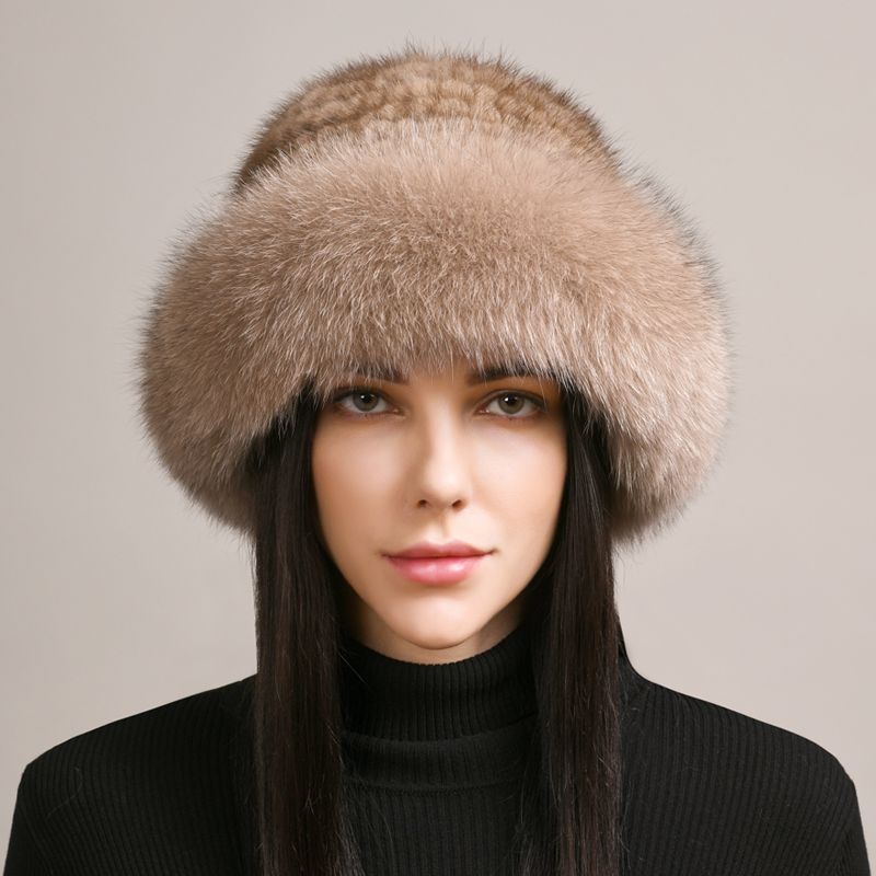 Luxury Mink Fur Hat for Women Full Fox Fur Brim Winter Bucket Hat