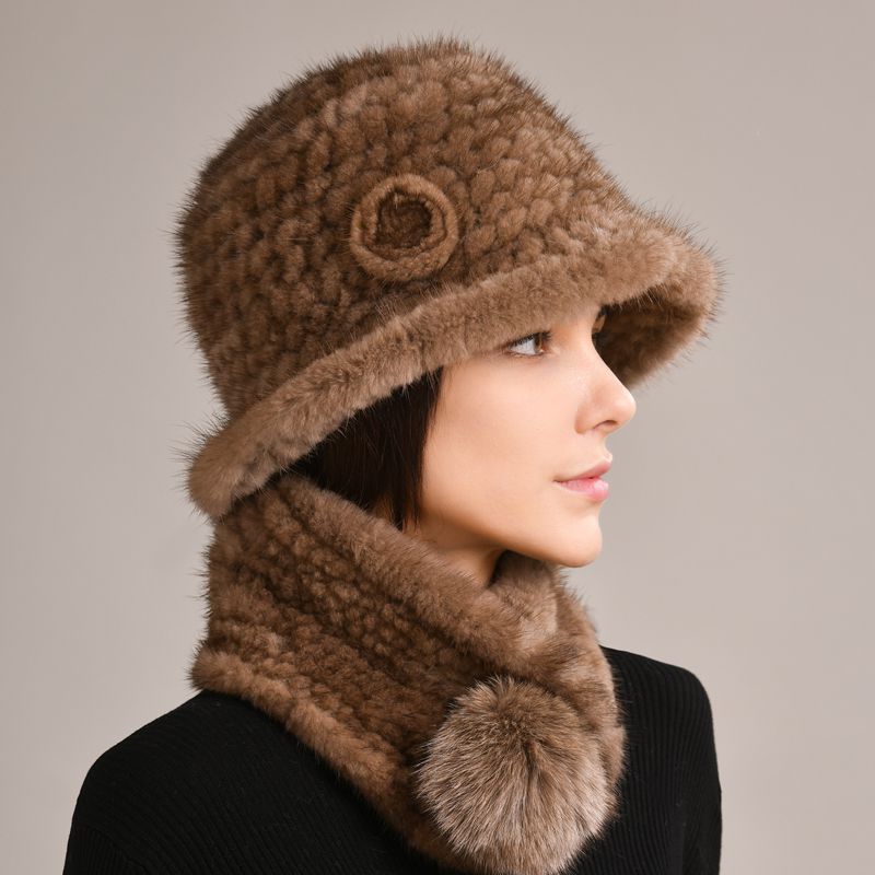 Luxury Mink Fur Hat and Scarf Set for Women Elegant Winter Bucket Hat with Matching Fur Neck Pom-Pom Warmer