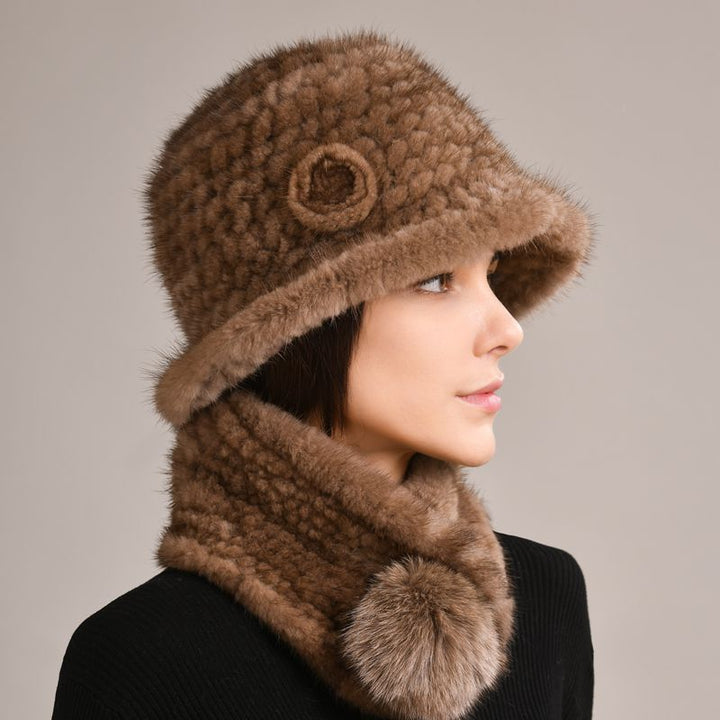 Luxury Mink Fur Hat and Scarf Set for Women Elegant Winter Bucket Hat with Matching Fur Neck Pom-Pom Warmer