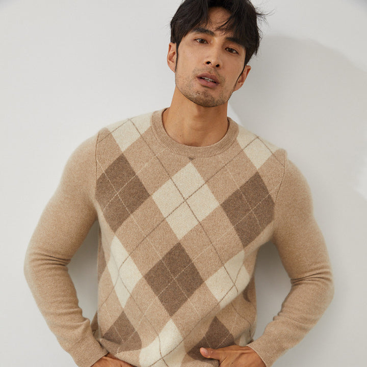 Men's Classic Argyle Knit 100% Cashmere Crewneck Pullover Sweater