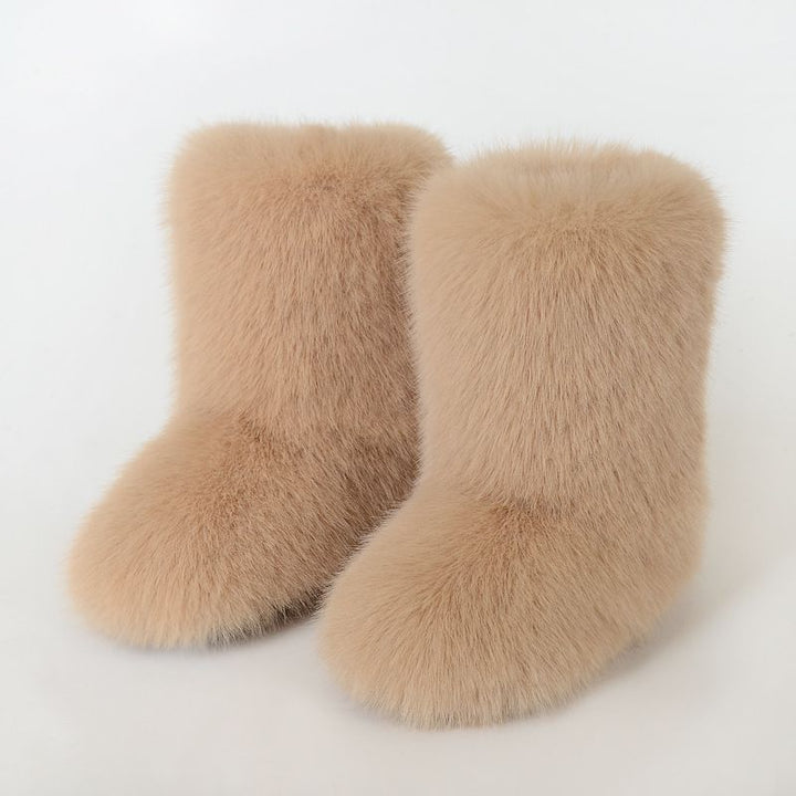 Faux Fox Fur Snow Boots for Women Winter Furry Cozy Slip-On Ankle Fur Boots