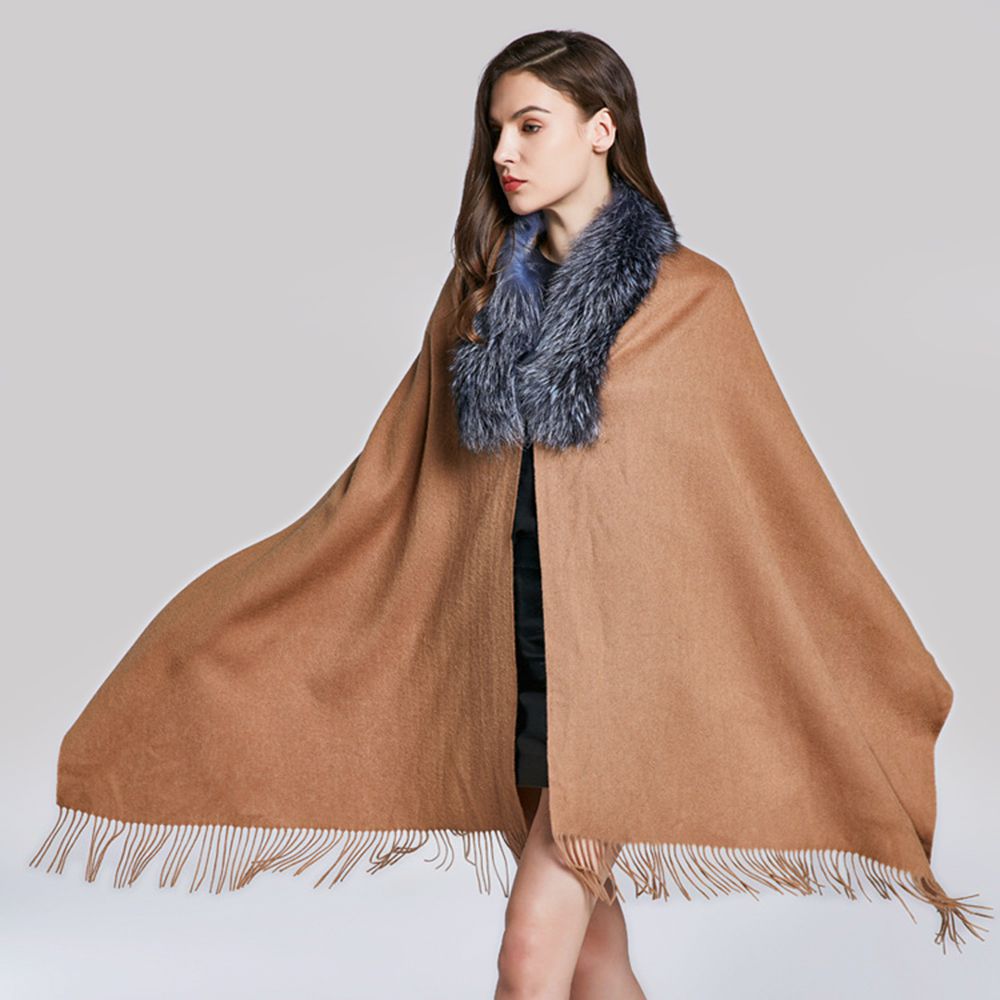 Cashmere Shawl with Real Fox Raccoon Fur Collar for Women Luxury Cashmere Wrap Scarf Winter Stole