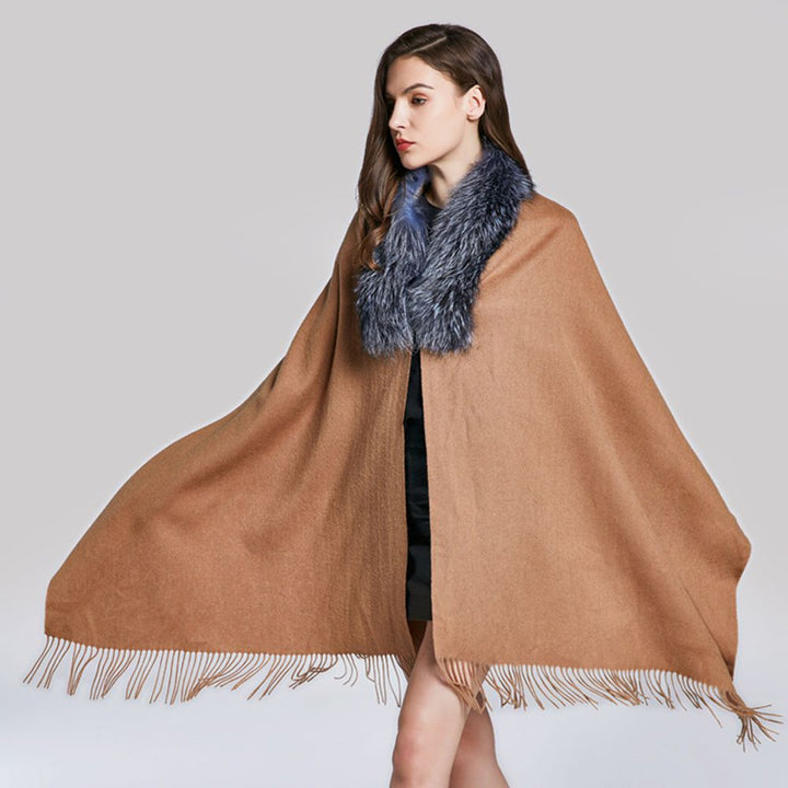 Cashmere Shawl with Real Fox Raccoon Fur Collar for Women Luxury Cashmere Wrap Scarf Winter Stole