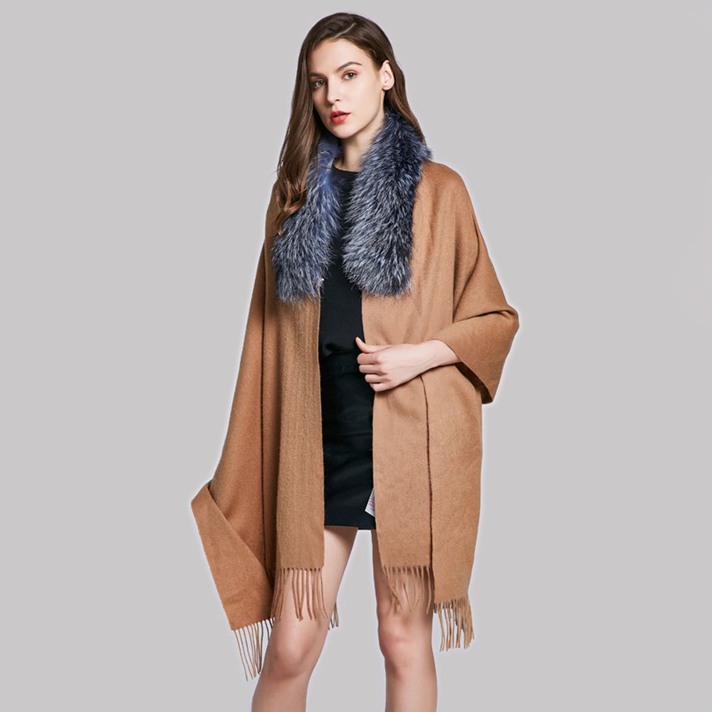 Cashmere Shawl with Real Fox Raccoon Fur Collar for Women Luxury Cashmere Wrap Scarf Winter Stole