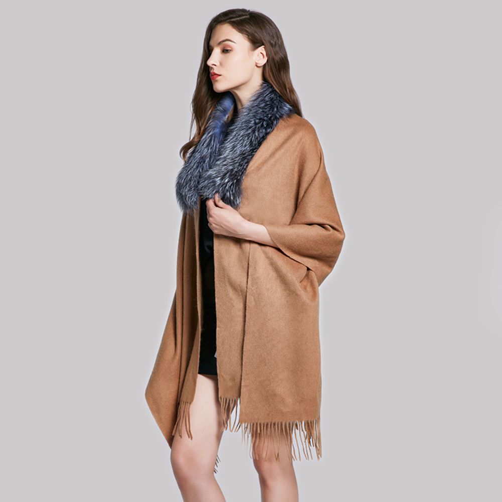 Cashmere Shawl with Real Fox Raccoon Fur Collar for Women Luxury Cashmere Wrap Scarf Winter Stole