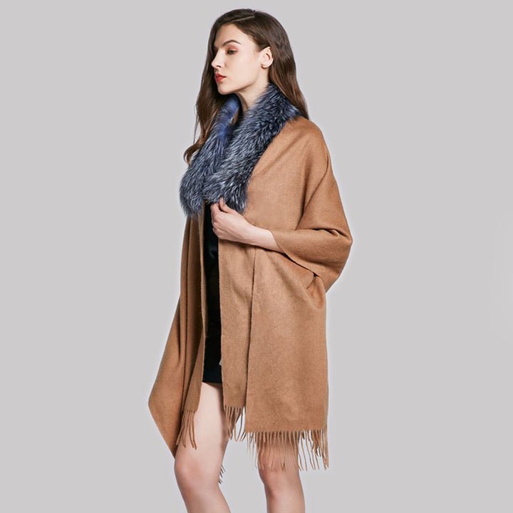 Cashmere Shawl with Real Fox Raccoon Fur Collar for Women Luxury Cashmere Wrap Scarf Winter Stole