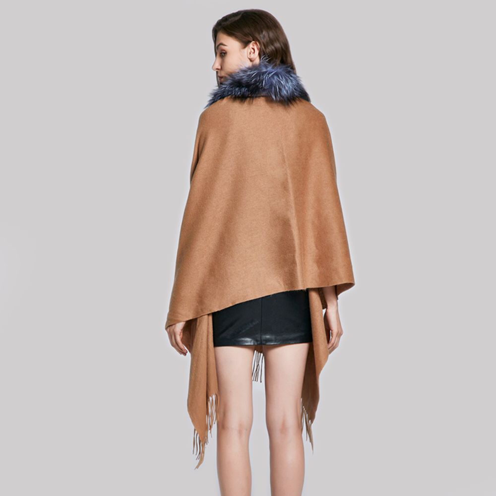 Cashmere Shawl with Real Fox Raccoon Fur Collar for Women Luxury Cashmere Wrap Scarf Winter Stole