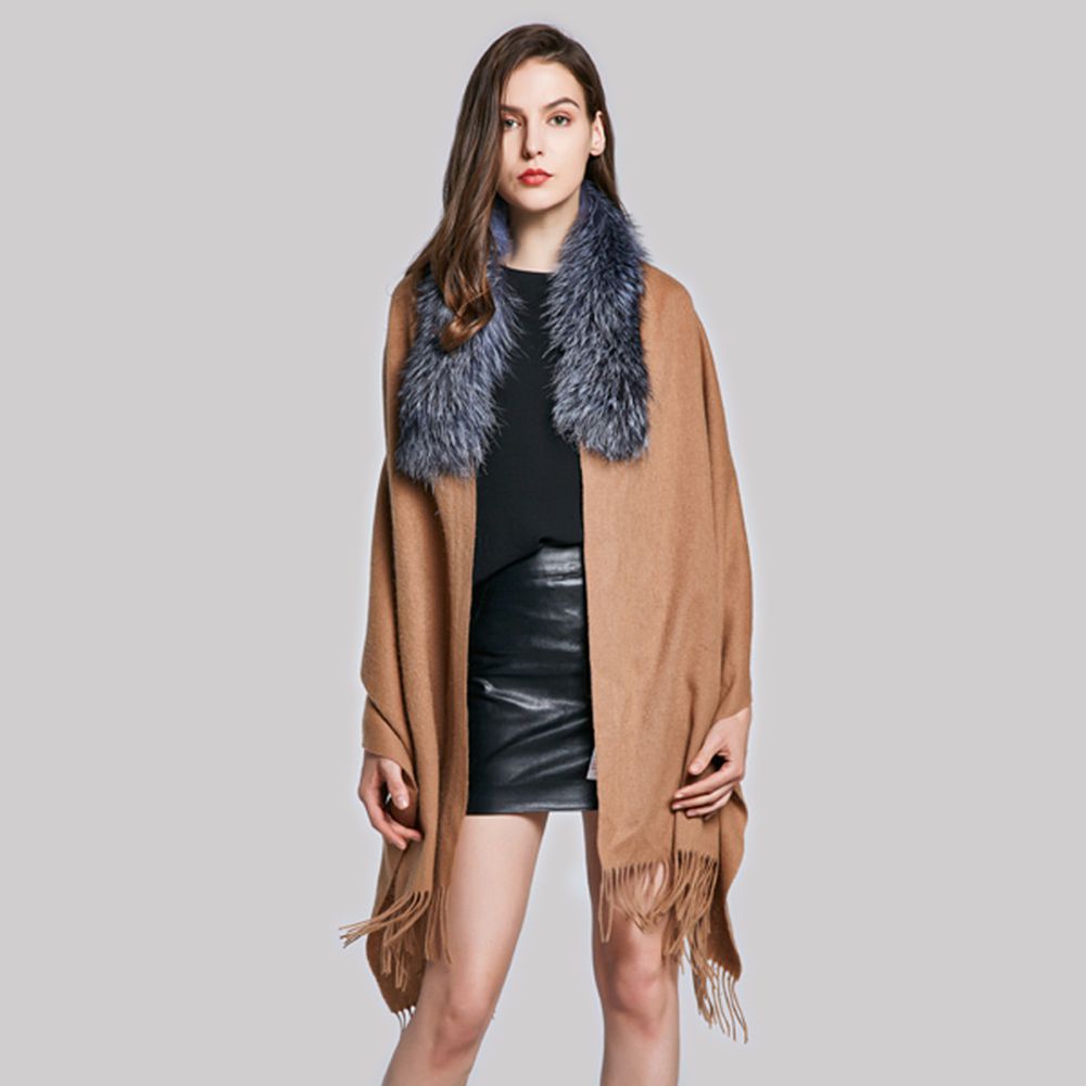 Cashmere Shawl with Real Fox Raccoon Fur Collar for Women Luxury Cashmere Wrap Scarf Winter Stole