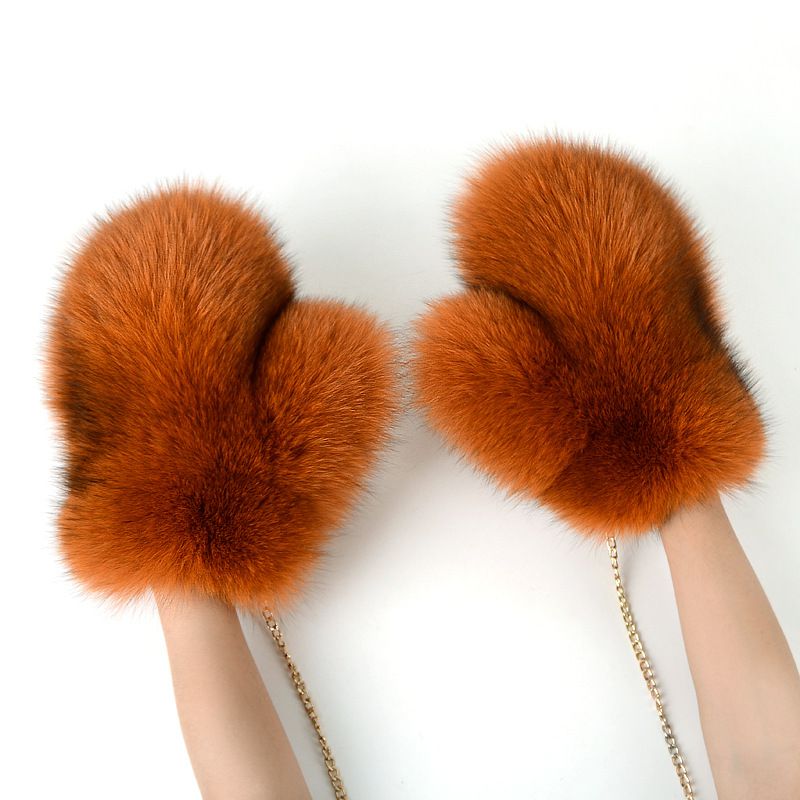 Luxury Real Fox Fur Mittens with Chain Strap Warm Winter Leather Fur Gloves for Women
