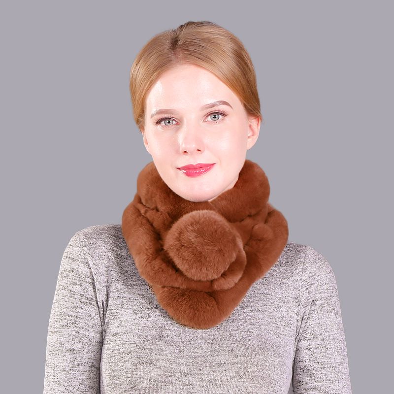 Luxury Real Rabbit Fur Collar Scarf with Pom-Pom Soft Winter Neck Warmer