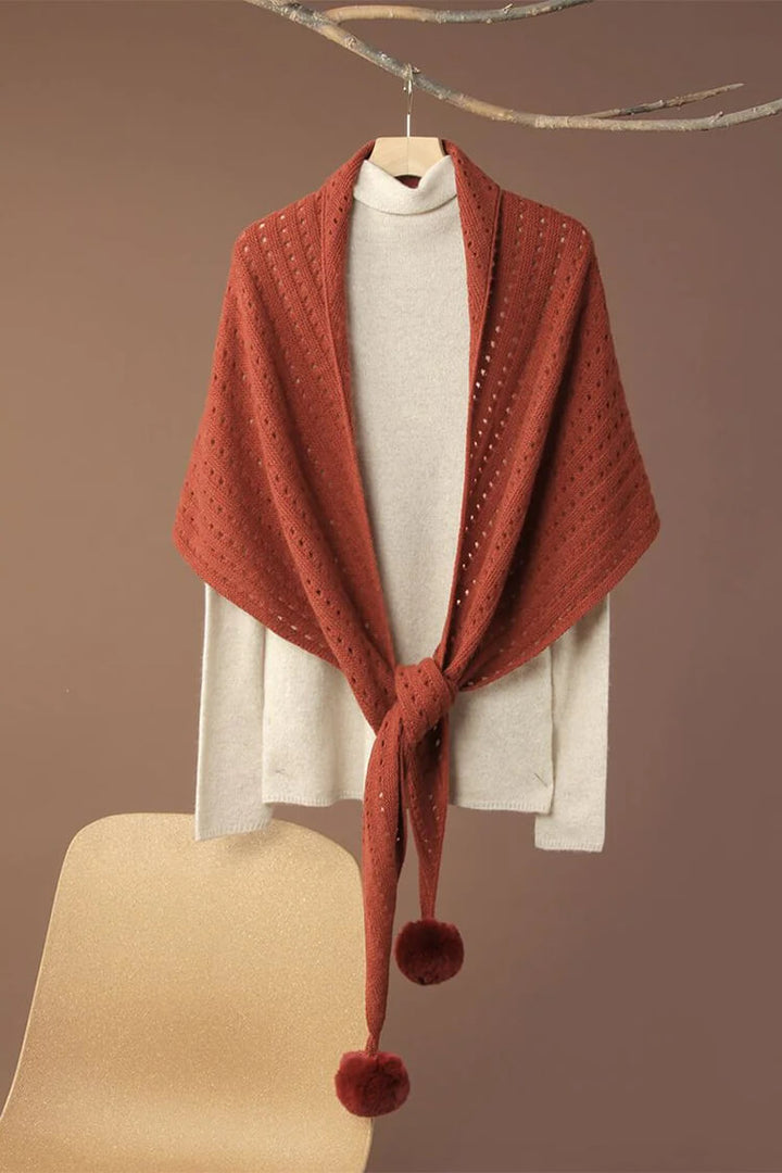 100% Pure Cashmere Pom-Pom Long Triangle Scarf Wrap