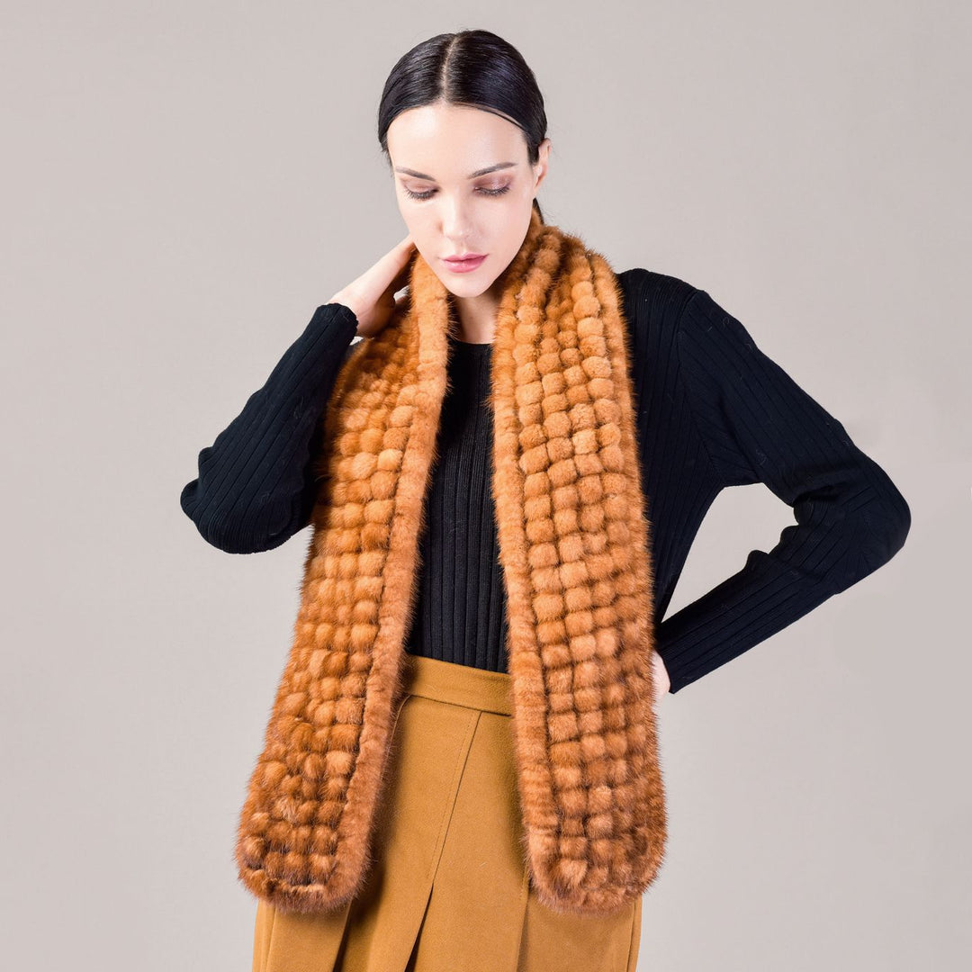 Hand-knitted Playful Pom-Pom Real Mink Fur Scarf for Women Luxury Winter Scarf