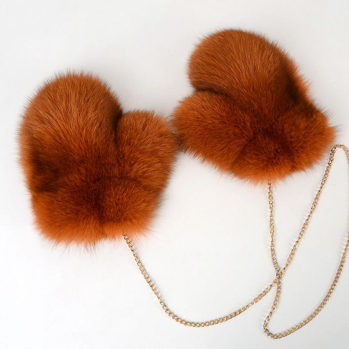 Luxury Real Fox Fur Mittens with Chain Strap Warm Winter Leather Fur Gloves for Women