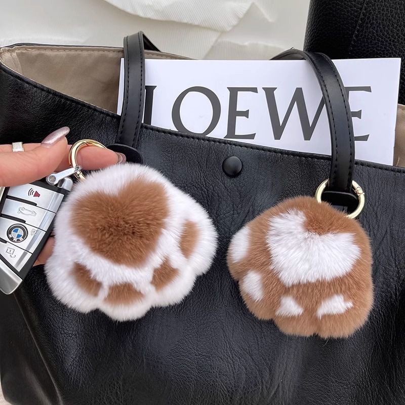 Cute Cat Paw Rabbit Fur Pom Pom Keychain Plush Handbag Purse Charm