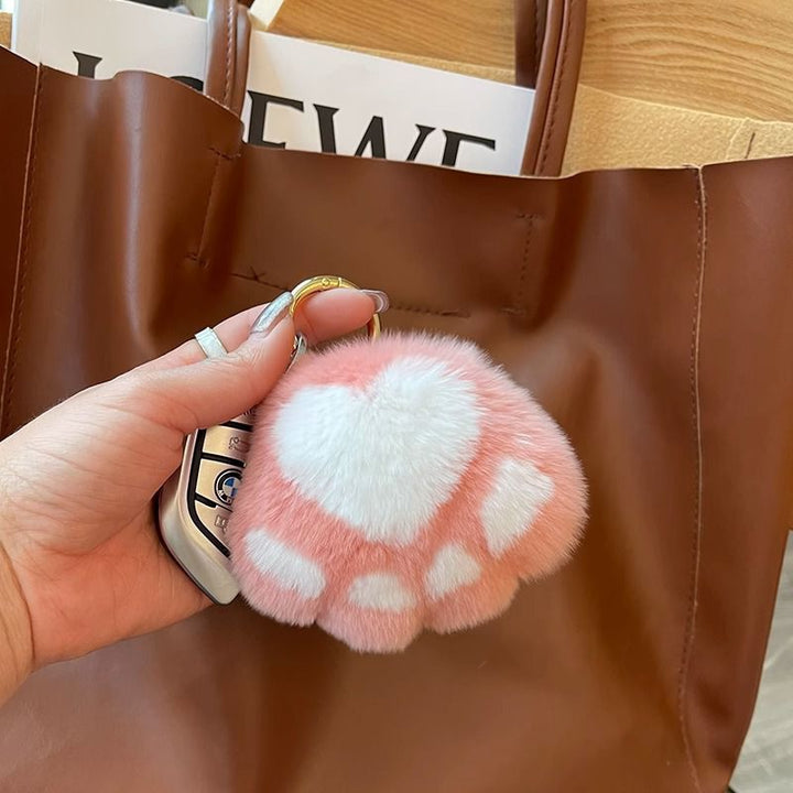 Cute Cat Paw Rabbit Fur Pom Pom Keychain Plush Handbag Purse Charm