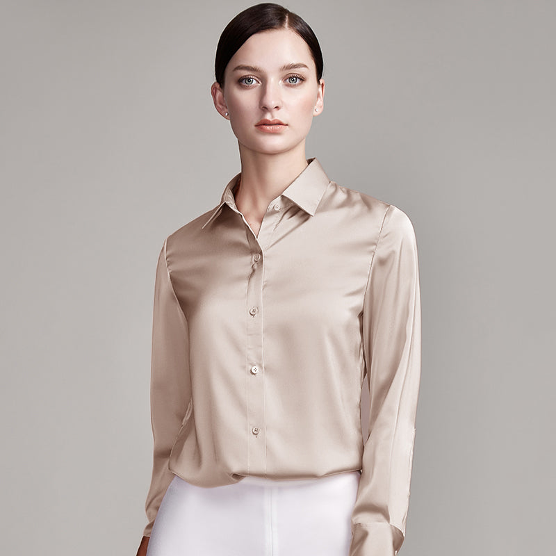 22 Momme Women's Basic Long Sleeve Silk Blouse with Button Front