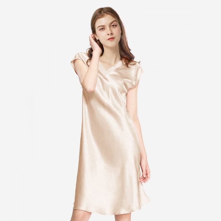 Double-Sided Silky V-Neck Cap Sleeve Mulberry Silk Nightgown LSP009