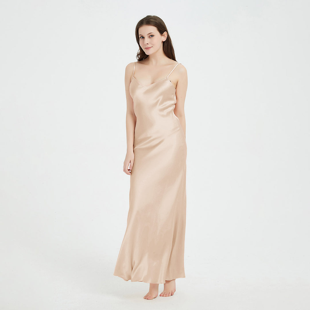 Double-Sided Silky V-Neck Floor-length Mulberry Silk Slip Nightgown LSP015
