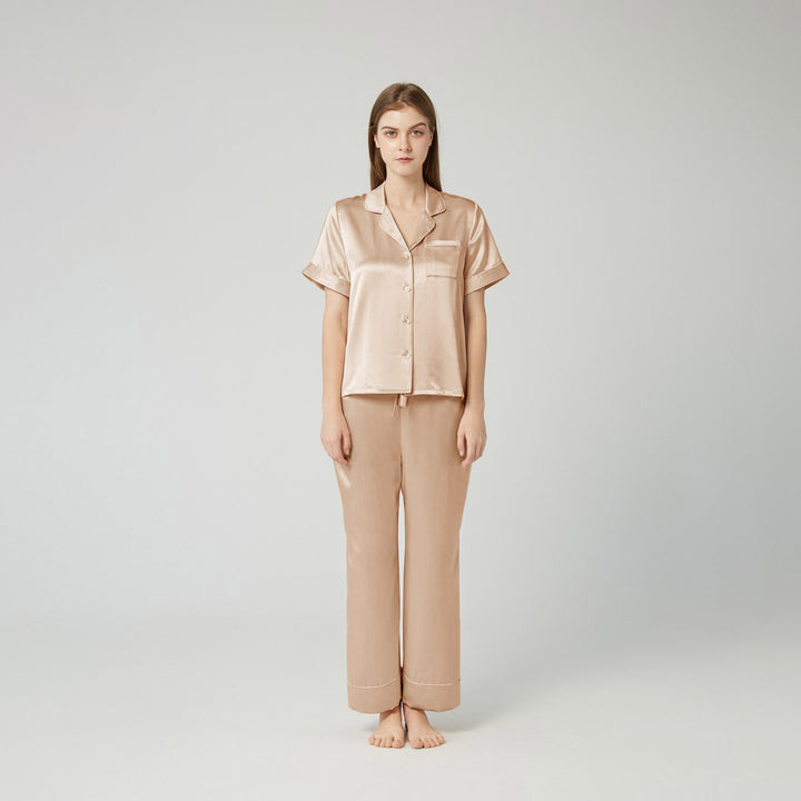 Double-Sided Silky Luxury Short Sleeve Silk Pajama Pants Set for Women LSP003