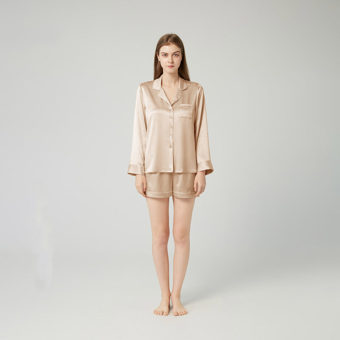 Double-Sided Silky Women Luxury Long Sleeve Silk Pajama Shorts Set LSP002