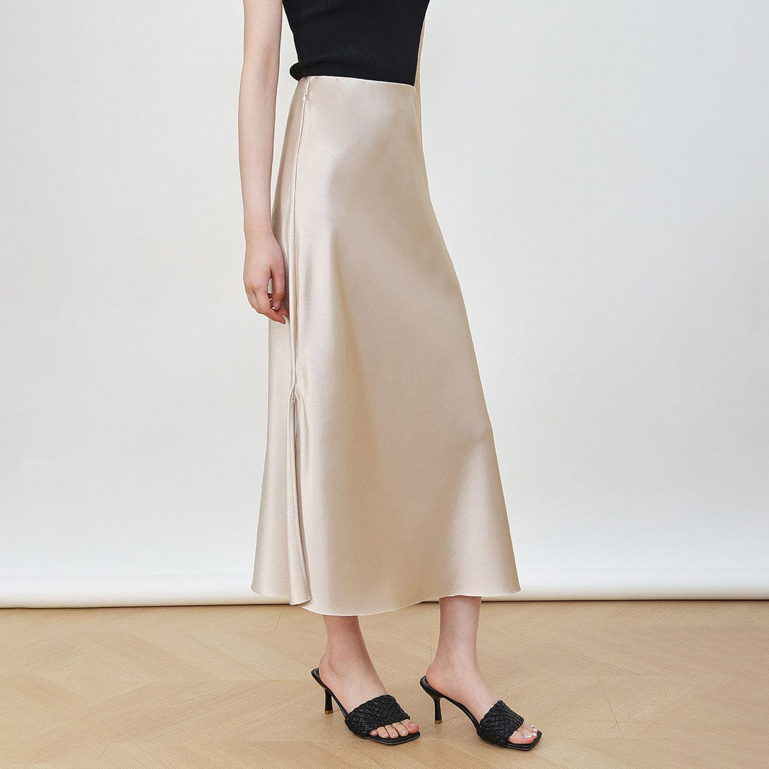 22 Momme Mulberry Charmeuse Silk Midi Skirt with Side Slit