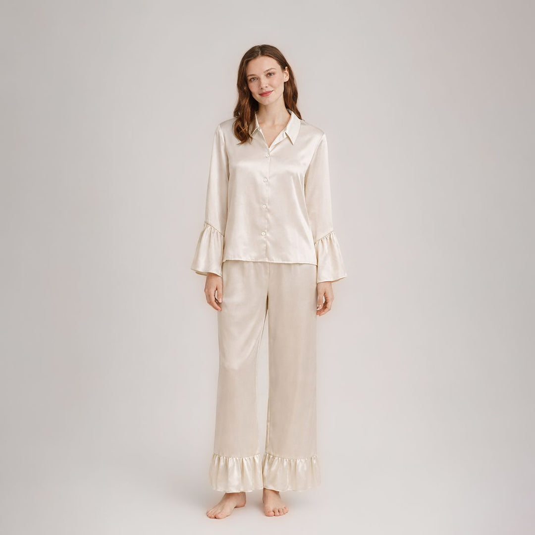 22 Momme Long Sleeve Ruffled Hem Mulberry Silk Pajama Set for Women