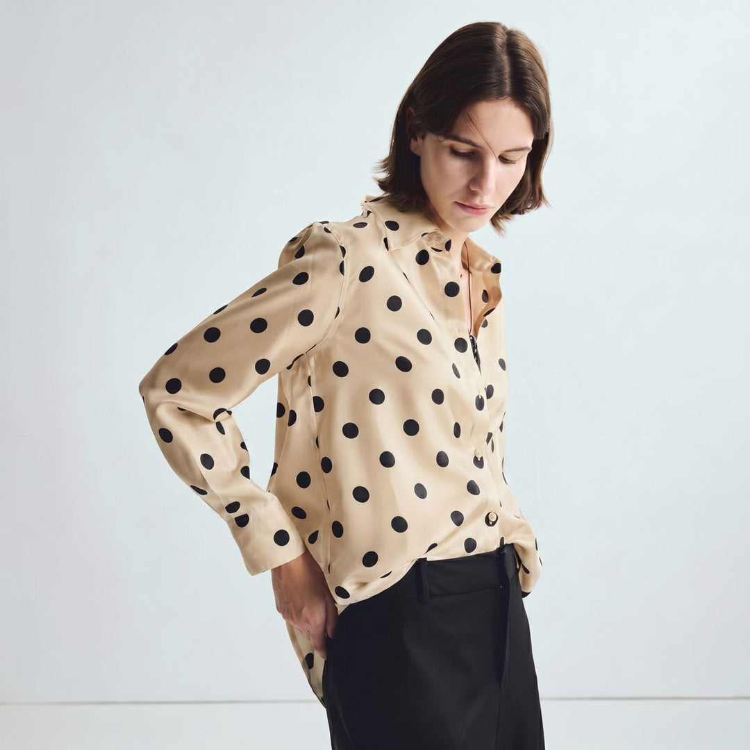 Women’s Polka Dots Printed Long Sleeve Button-Down Mulberry Silk Blouse Shirt