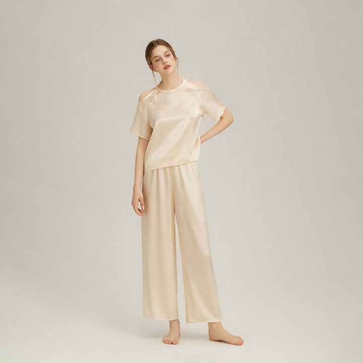 22 Momme Stylish Cold-Shoulder Short Sleeve Mulberry Silk Pajama Set for Women