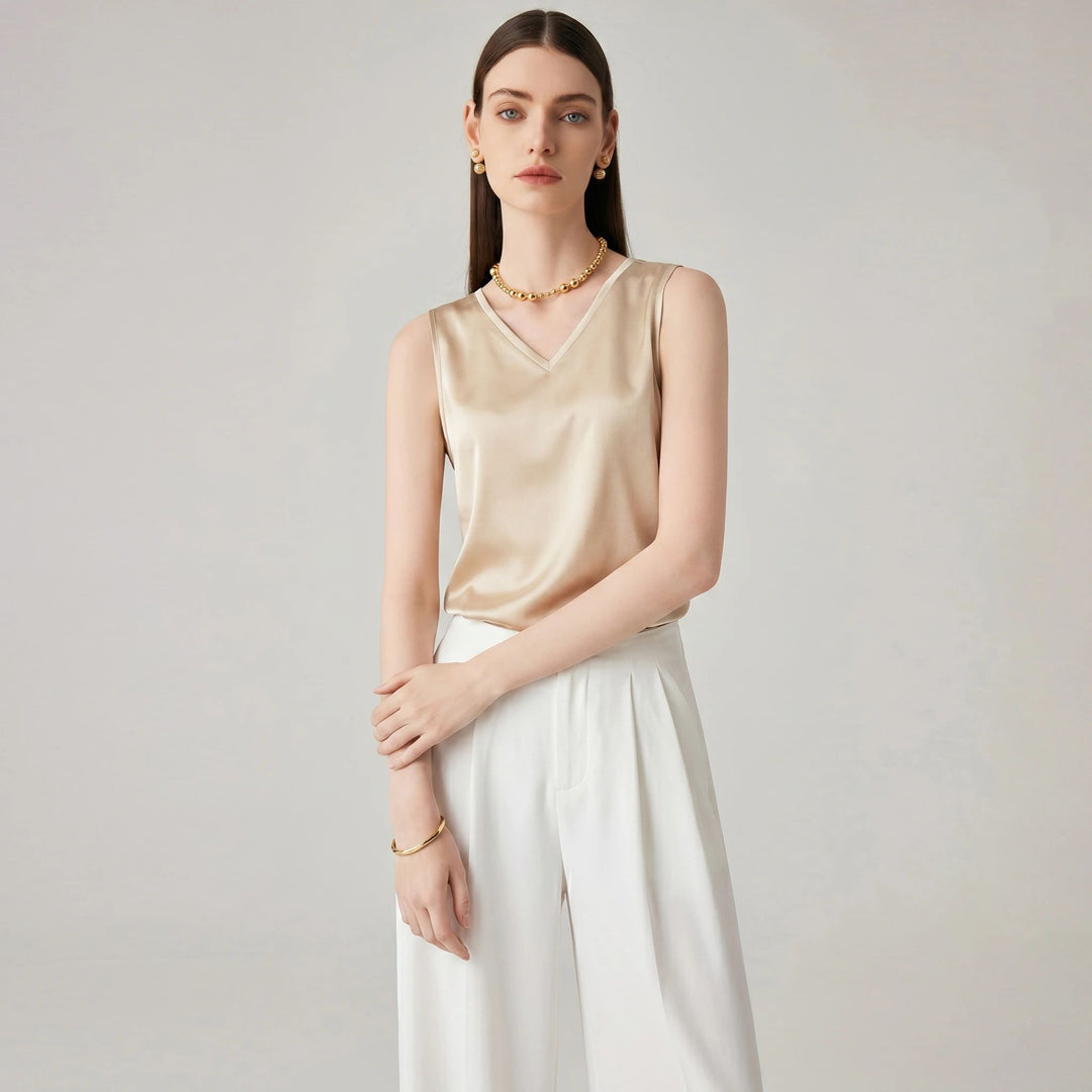 22 Momme V-Neck Sleeveless Silk Tank Top for Women