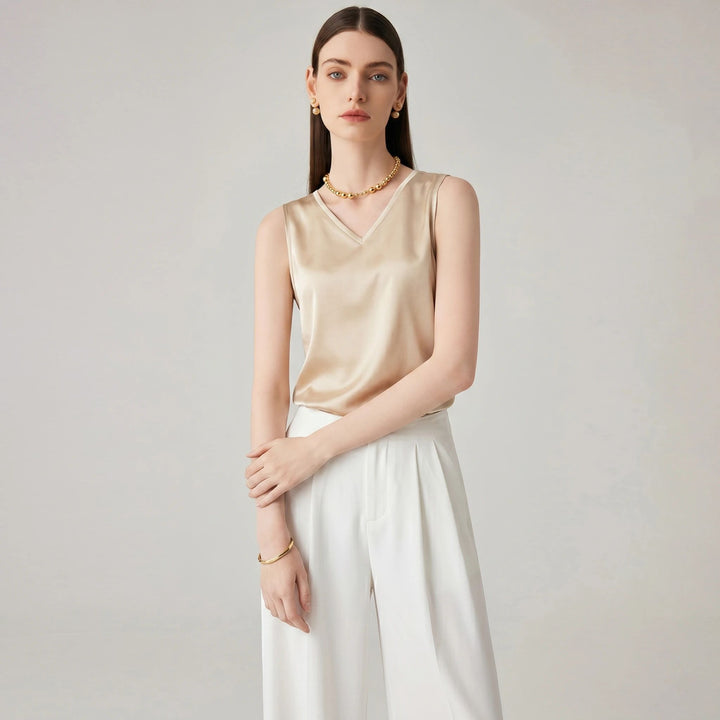 22 Momme V-Neck Sleeveless Silk Tank Top for Women