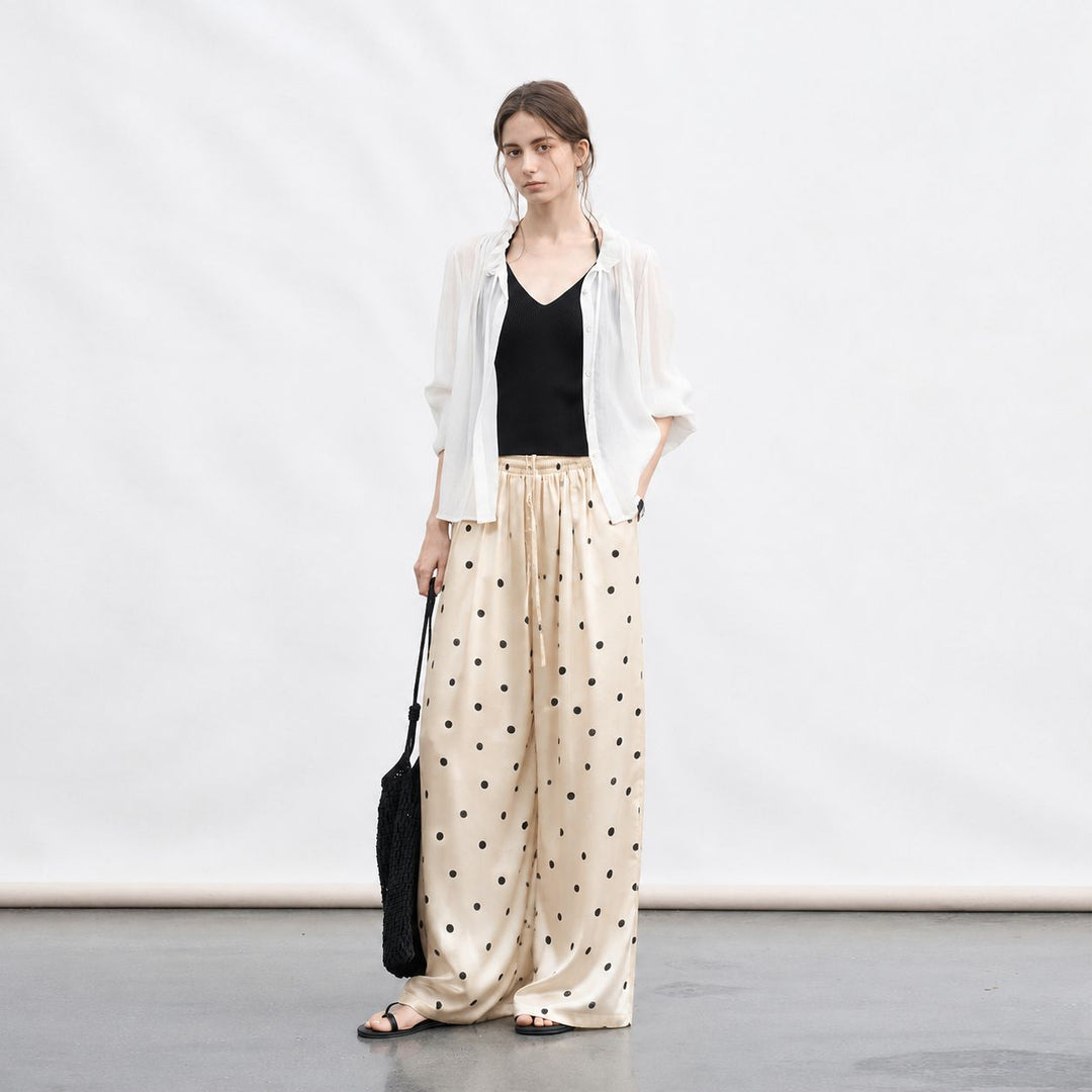 Polka-Dot Print Washable Mulberry Silk Wide-Leg Pants For Women