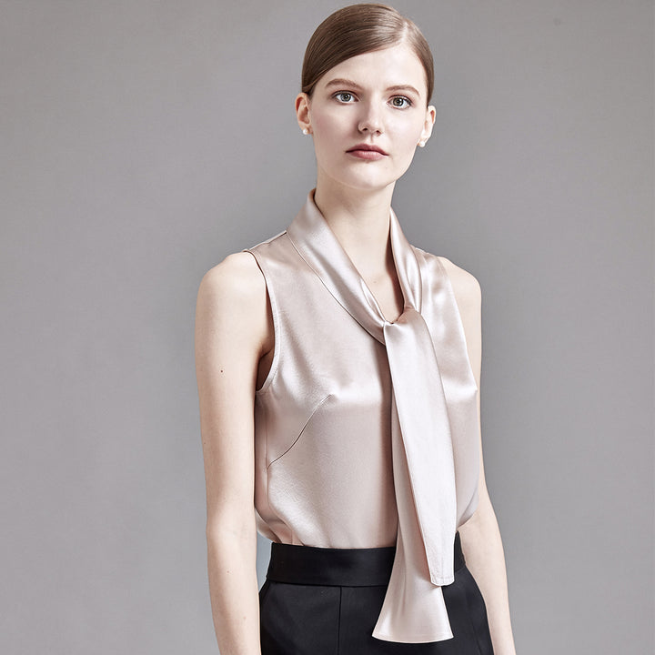 22 Momme Women's V-Neck Sleeveless Silk Tank Top with Scarf Tie