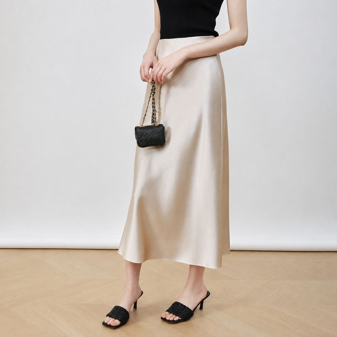 22 Momme Mulberry Charmeuse Silk Midi Skirt with Side Slit