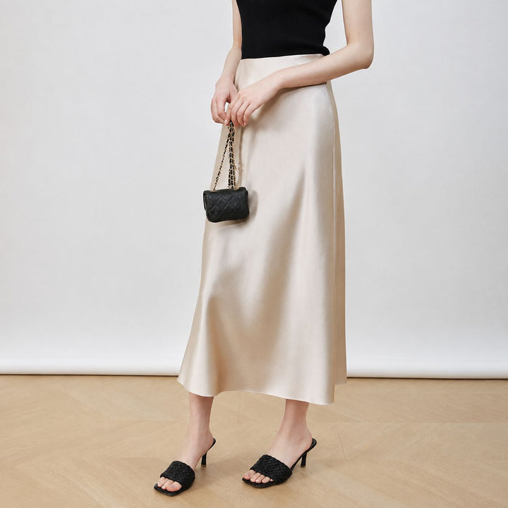 22 Momme Mulberry Charmeuse Silk Midi Skirt with Side Slit