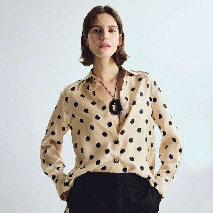 Women’s Polka Dots Printed Long Sleeve Button-Down Mulberry Silk Blouse Shirt