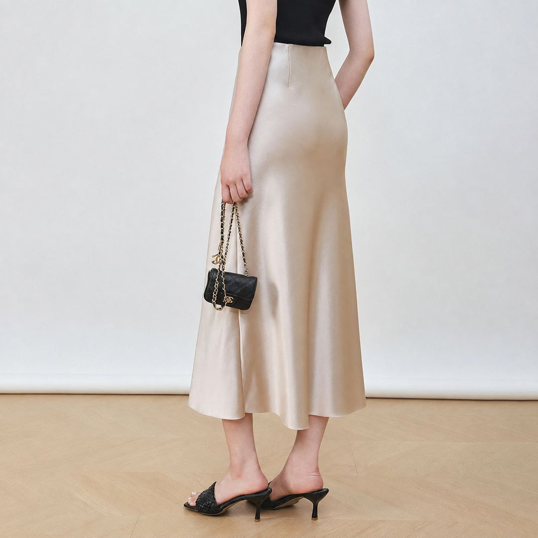 22 Momme Mulberry Charmeuse Silk Midi Skirt with Side Slit