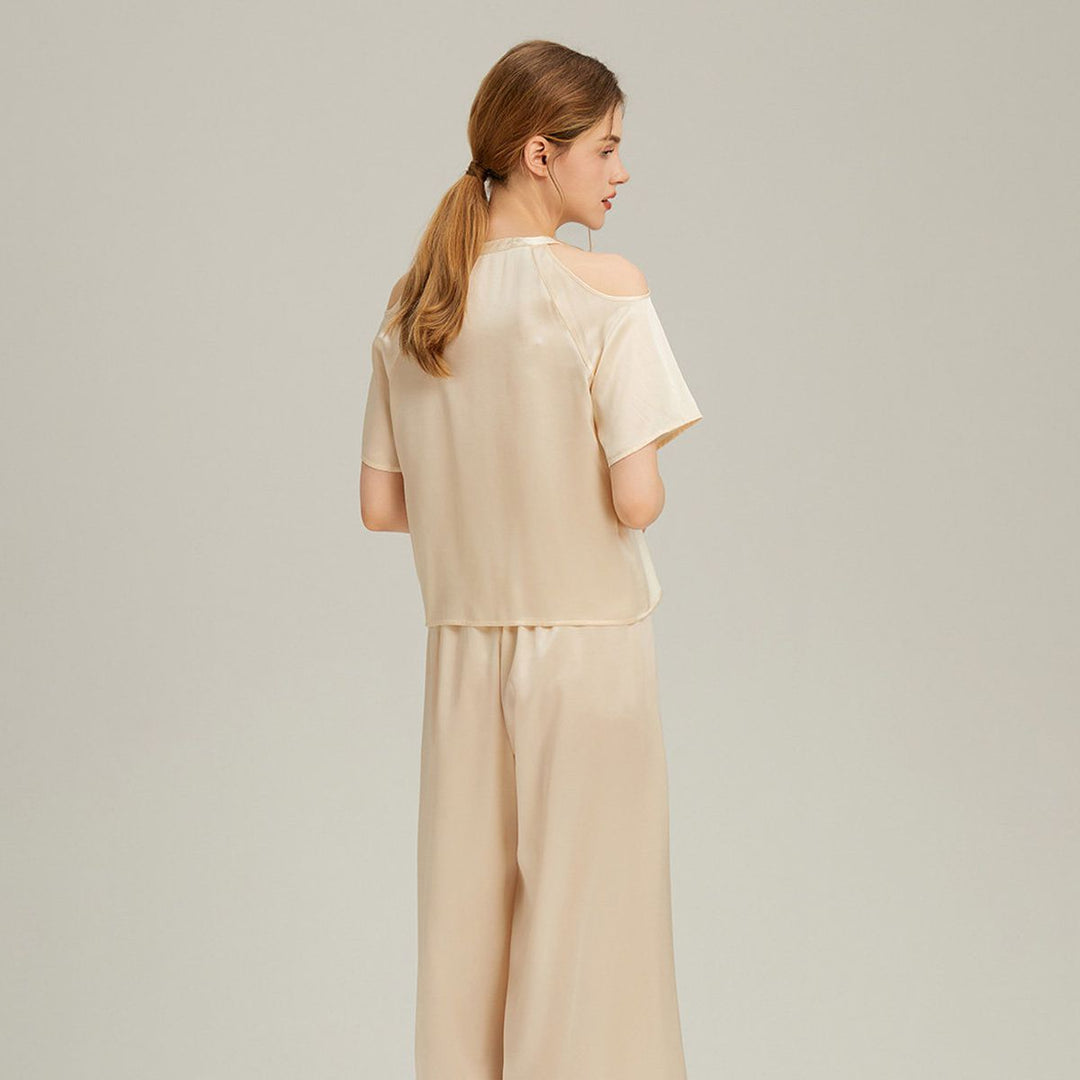 22 Momme Stylish Cold-Shoulder Short Sleeve Mulberry Silk Pajama Set for Women