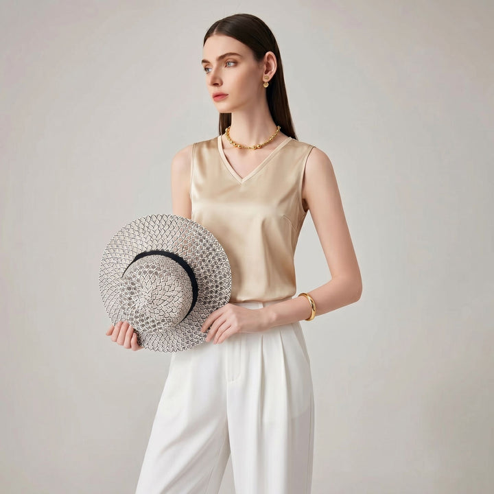 22 Momme V-Neck Sleeveless Silk Tank Top for Women