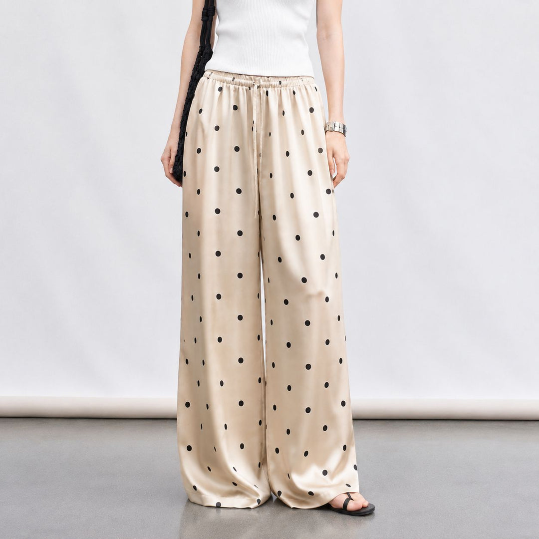 Polka-Dot Print Washable Mulberry Silk Wide-Leg Pants For Women