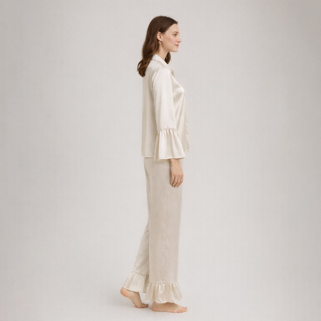 22 Momme Long Sleeve Ruffled Hem Mulberry Silk Pajama Set for Women