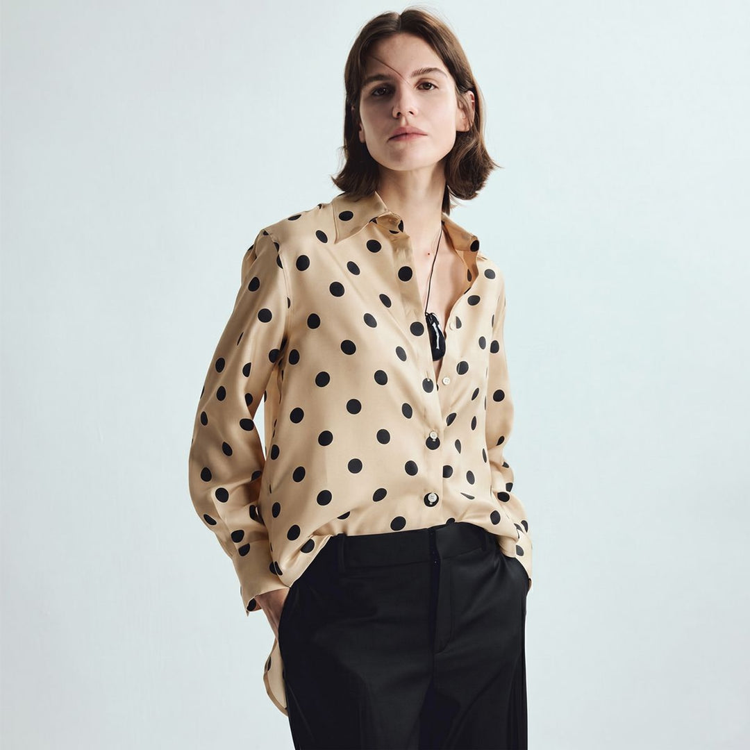 Women’s Polka Dots Printed Long Sleeve Button-Down Mulberry Silk Blouse Shirt