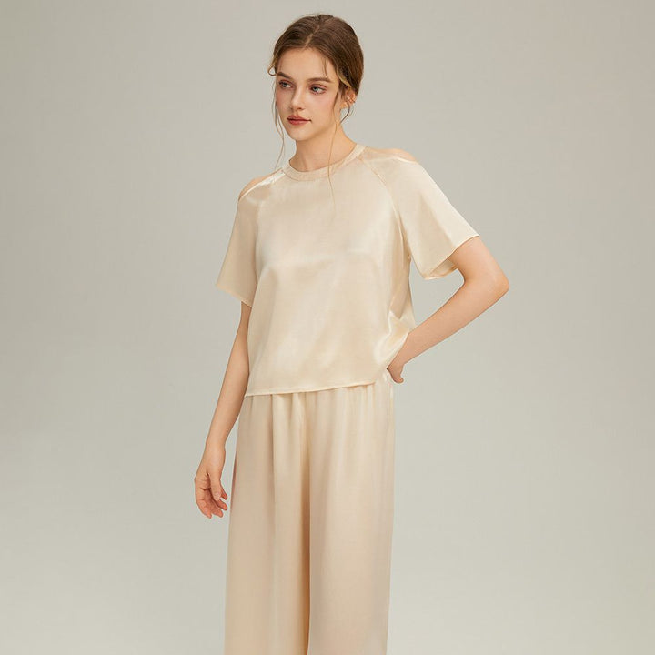 22 Momme Stylish Cold-Shoulder Short Sleeve Mulberry Silk Pajama Set for Women