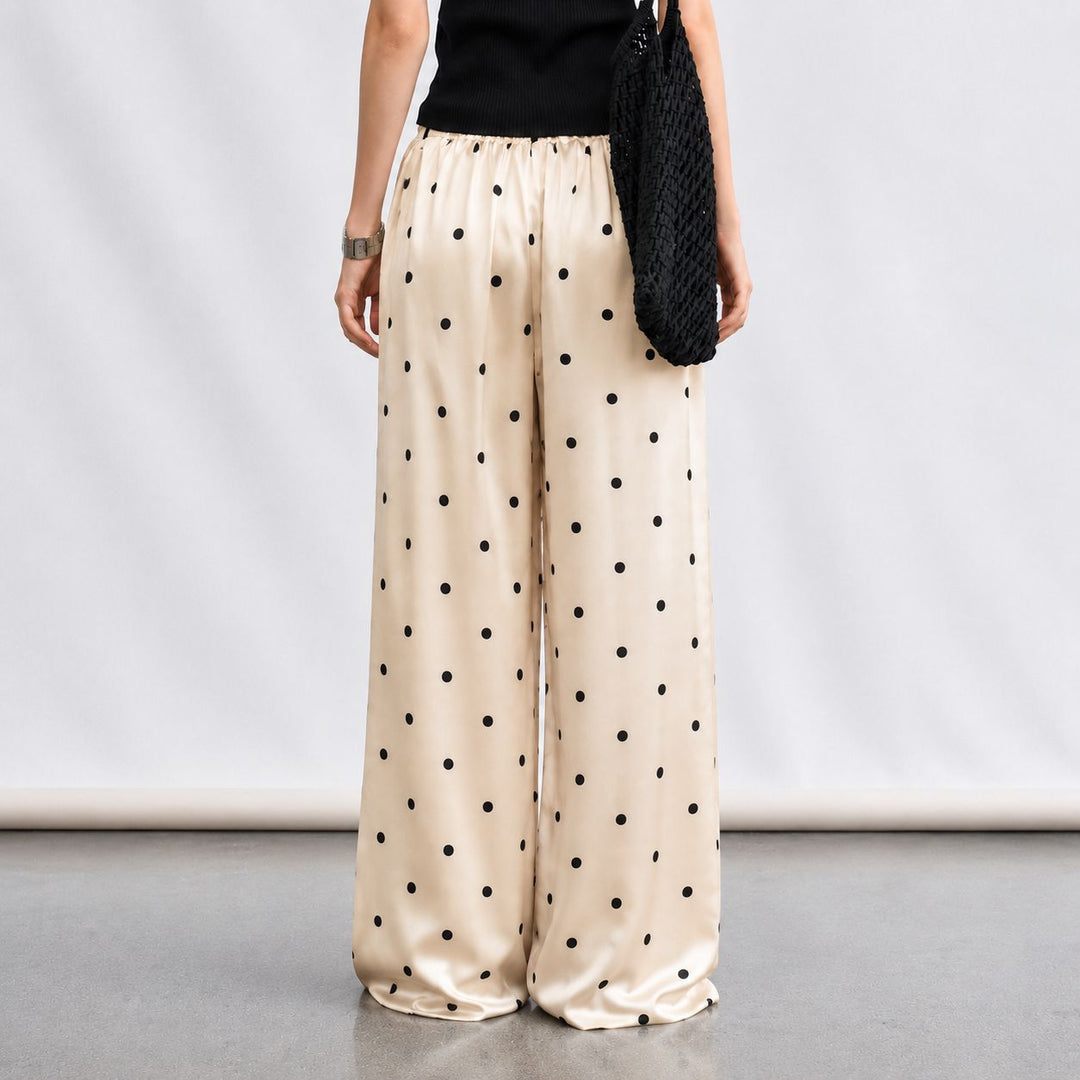 Polka-Dot Print Washable Mulberry Silk Wide-Leg Pants For Women