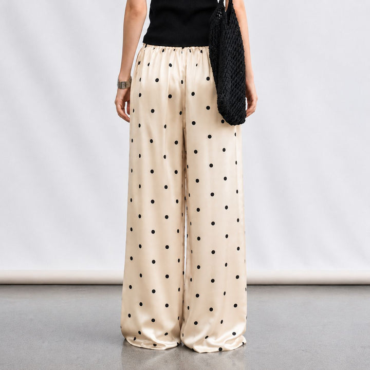 Polka-Dot Print Washable Mulberry Silk Wide-Leg Pants For Women