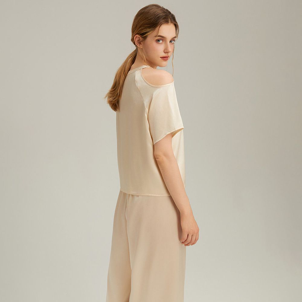 22 Momme Stylish Cold-Shoulder Short Sleeve Mulberry Silk Pajama Set for Women