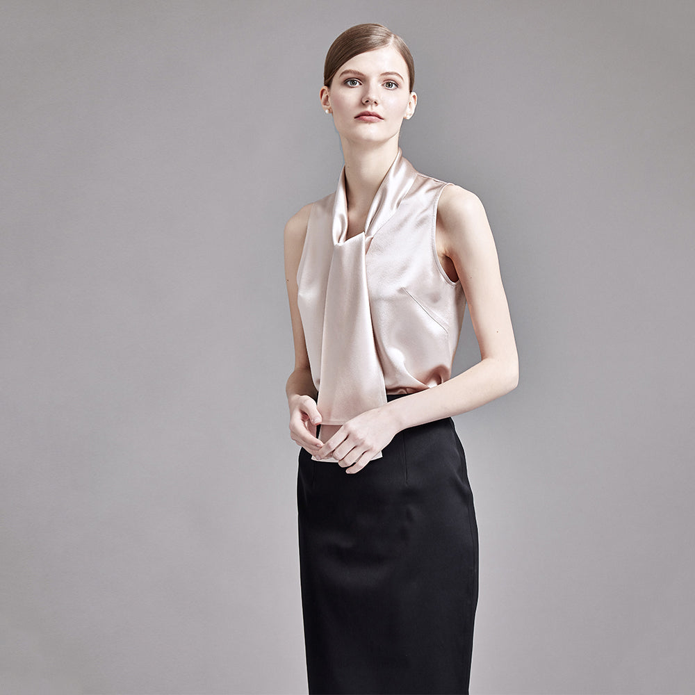 22 Momme Women's V-Neck Sleeveless Silk Tank Top with Scarf Tie