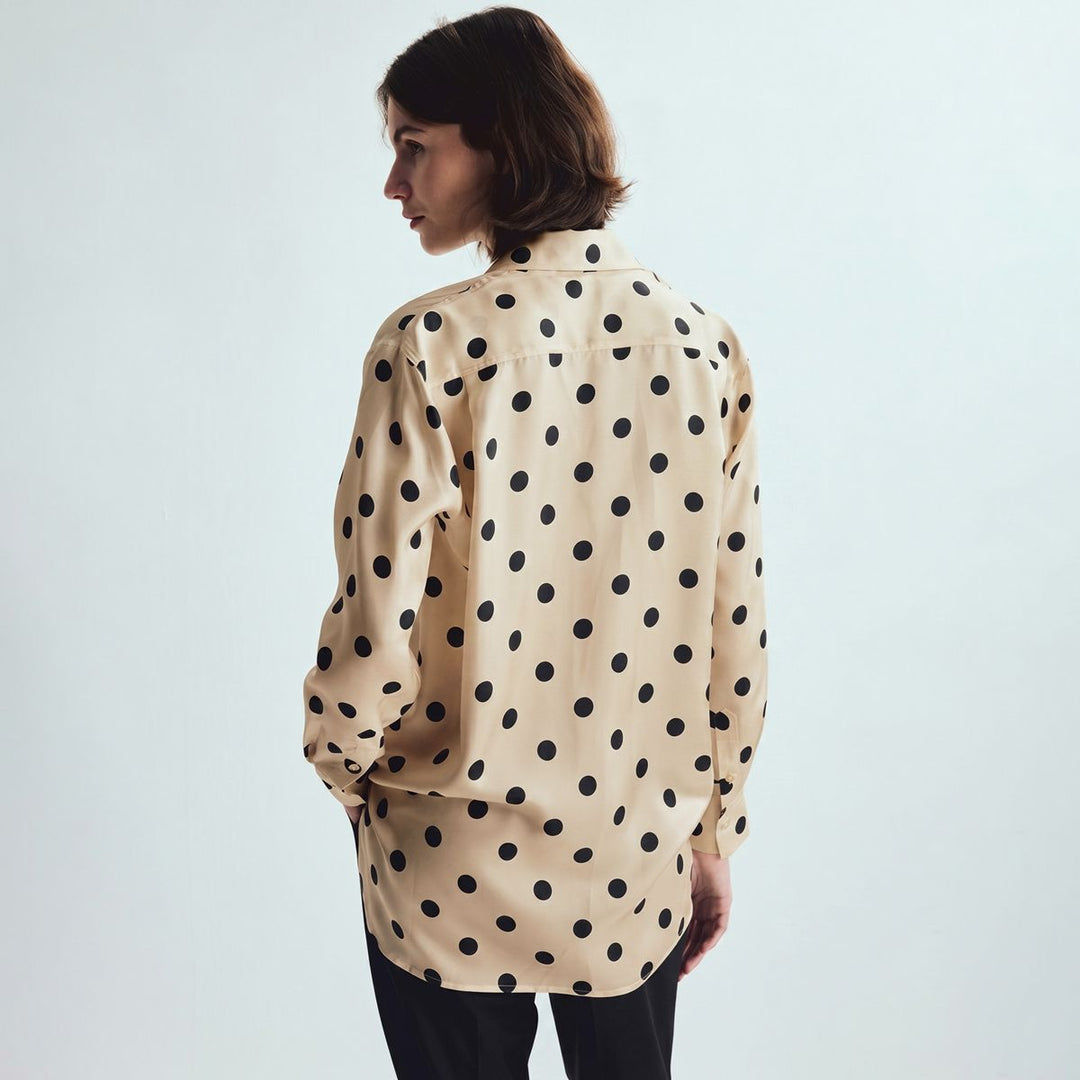 Women’s Polka Dots Printed Long Sleeve Button-Down Mulberry Silk Blouse Shirt