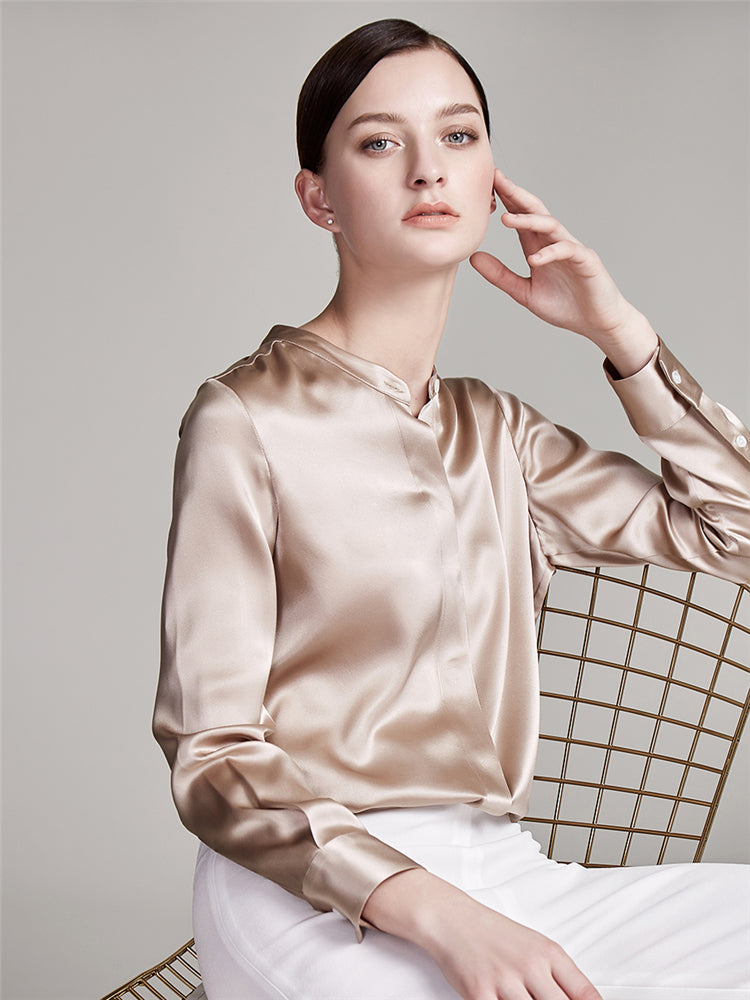 22 Momme Mandarin Collar Long Sleeve Silk Blouse with Hidden Placket